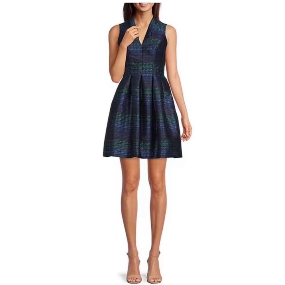 Vince Camuto Metallic Jacquard Fit and Flare‎ Party Dress Pockets Blue NWT 8